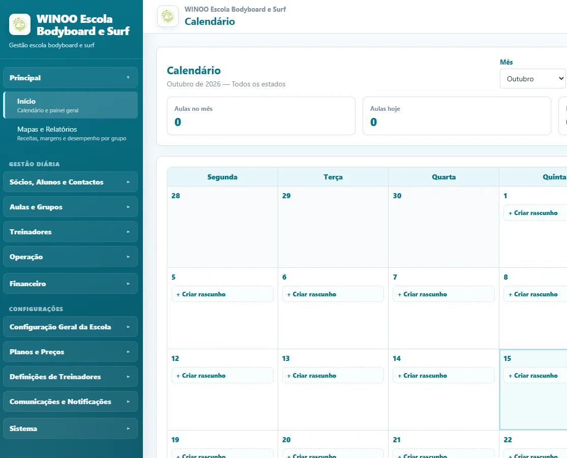 Ecrã real do calendário da plataforma